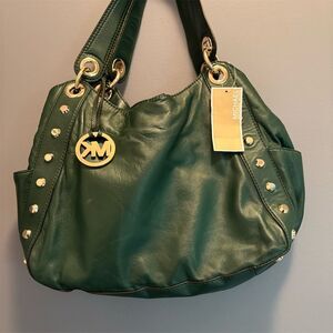 Michael Kors Ludlow Stud Shoulder Bag Hunter Green Gold Accents NWT